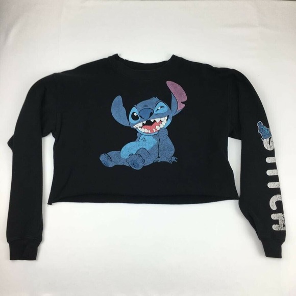 Disney Tops - Lilo & Stitch Disney Womens Crop Pullover Sweatshirt Black Crew Long Sleeve XS